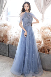 A-Line Off Shoulder Tulle Blue Long Prom Dress, Blue Lace Long Formal Dress